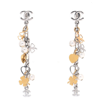 Chanel Pearl CC Charm Chain Drop Earrings Silver Gold 1 of 3
