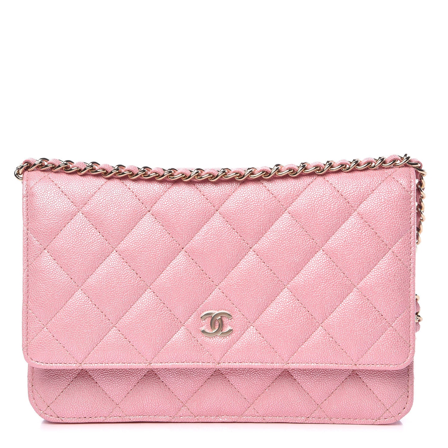 Iridescent Caviar Quilted Wallet on Chain WOC Rose Pink