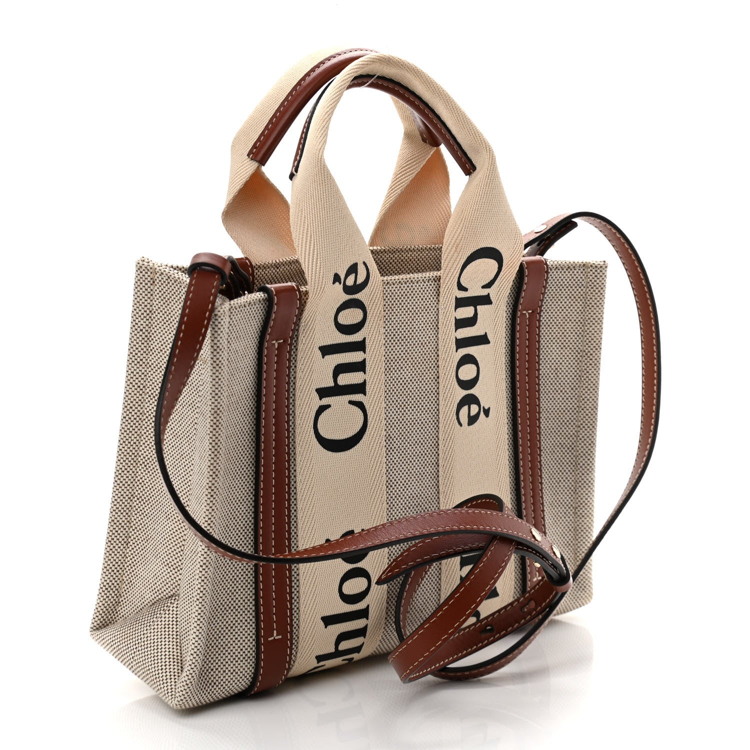 Chloe Cotton Calfskin Small Woody Ribbon Tote With Strap White Brown 3 of 10