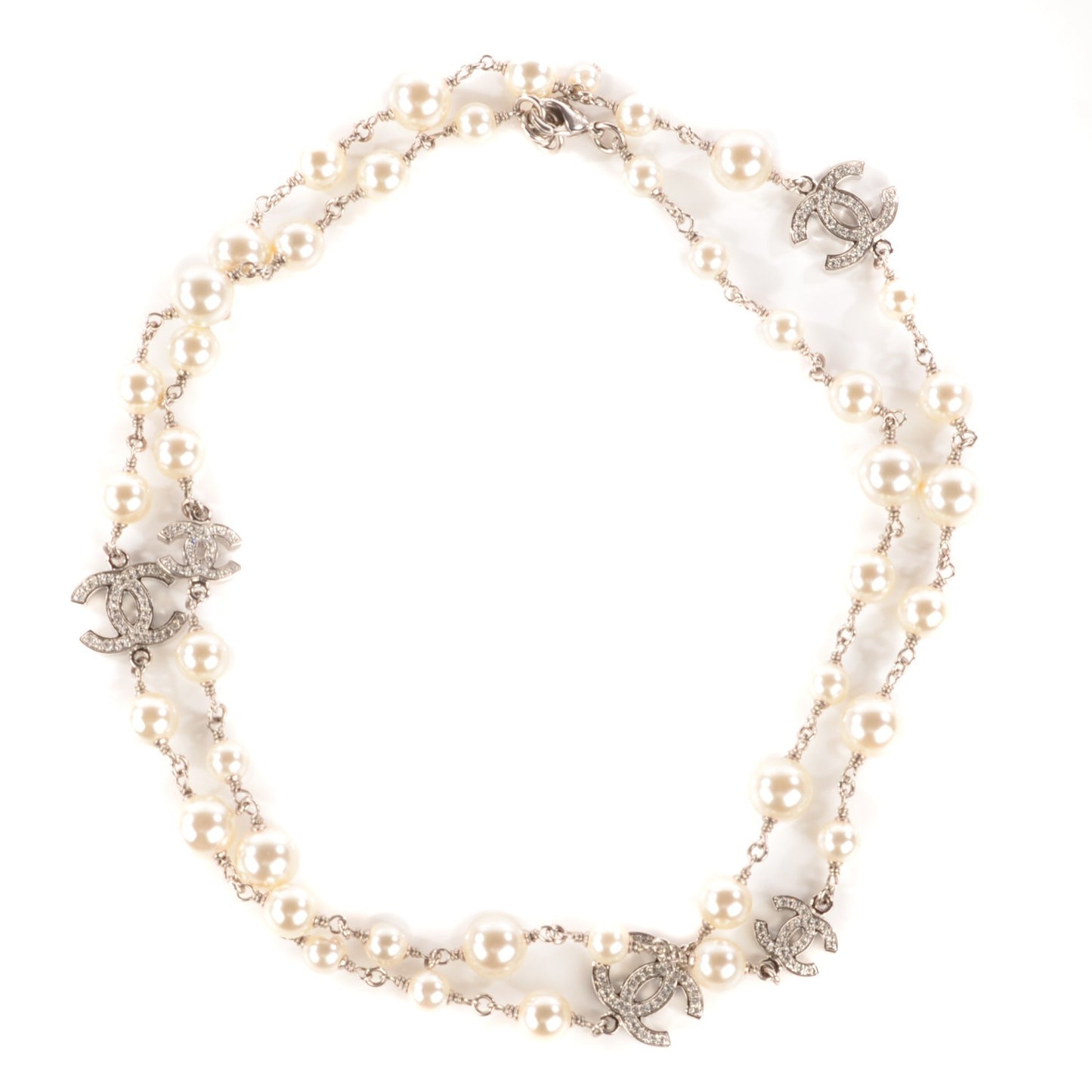 Crystal Pearl CC Long Necklace Silver