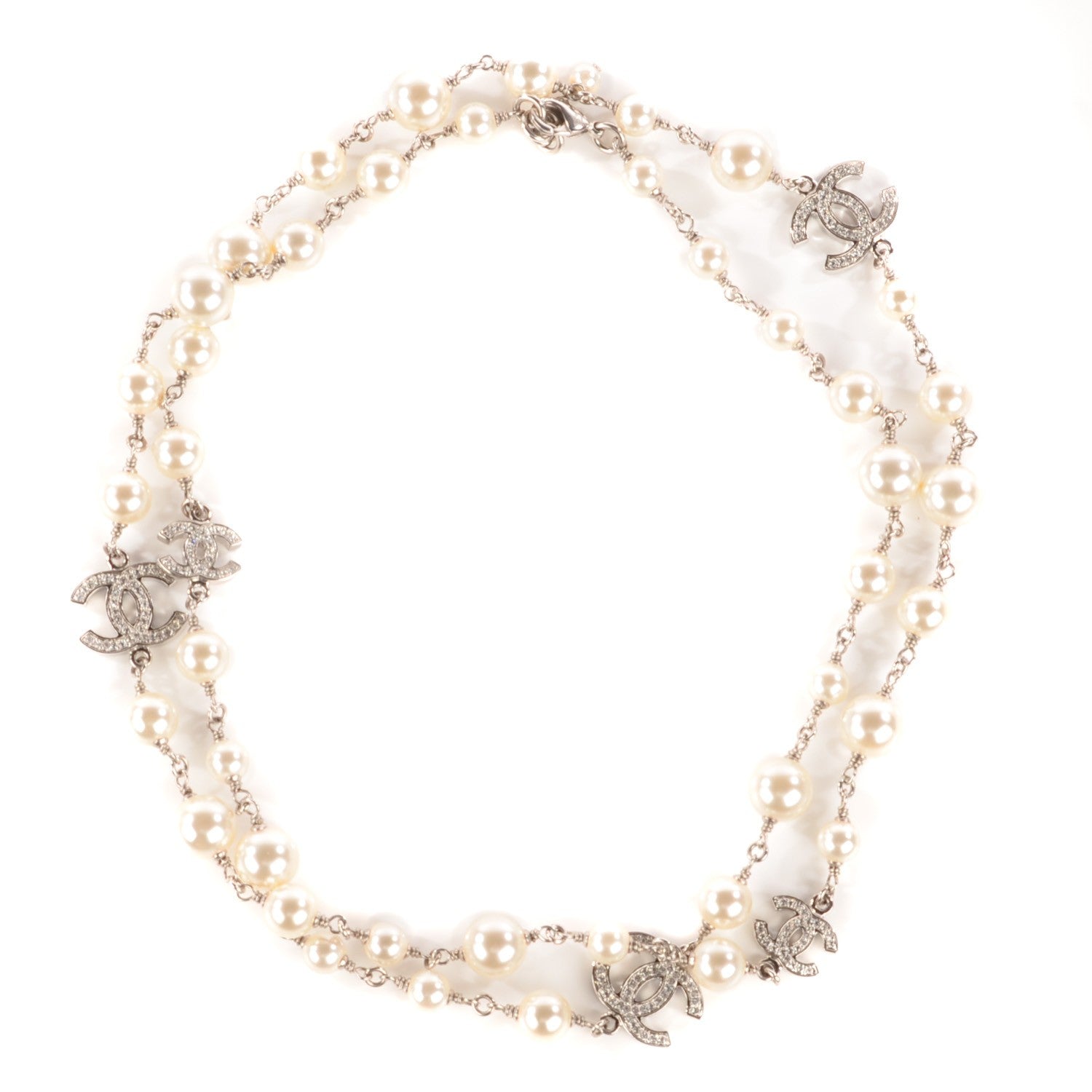 Chanel Crystal Pearl CC Long Necklace Silver 1 of 5