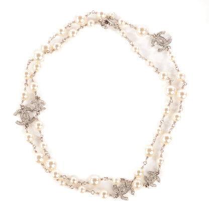 Chanel Crystal Pearl CC Long Necklace Silver 1 of 5