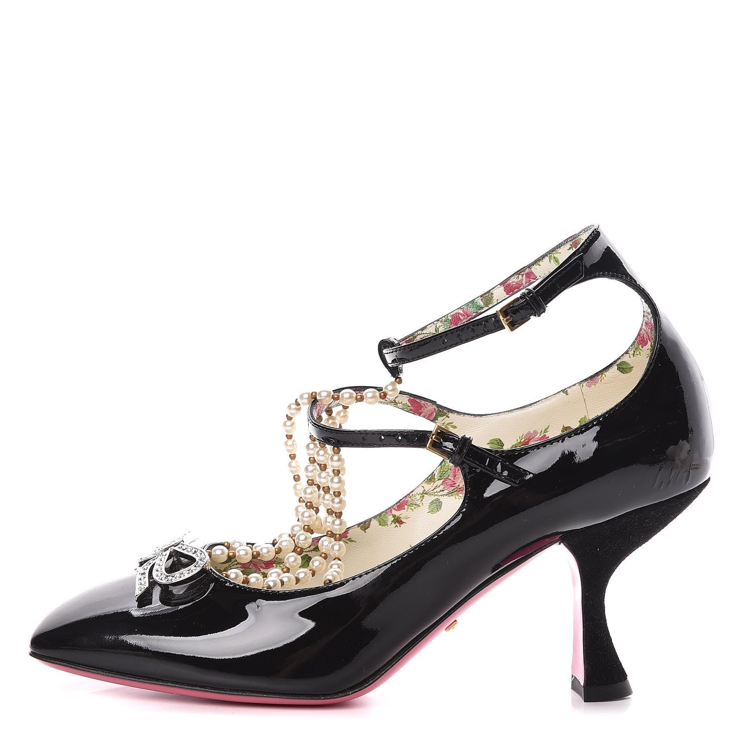 Gucci Patent Pearl Taide T-Strap Mid Heel Pumps 38 Black 1 of 9
