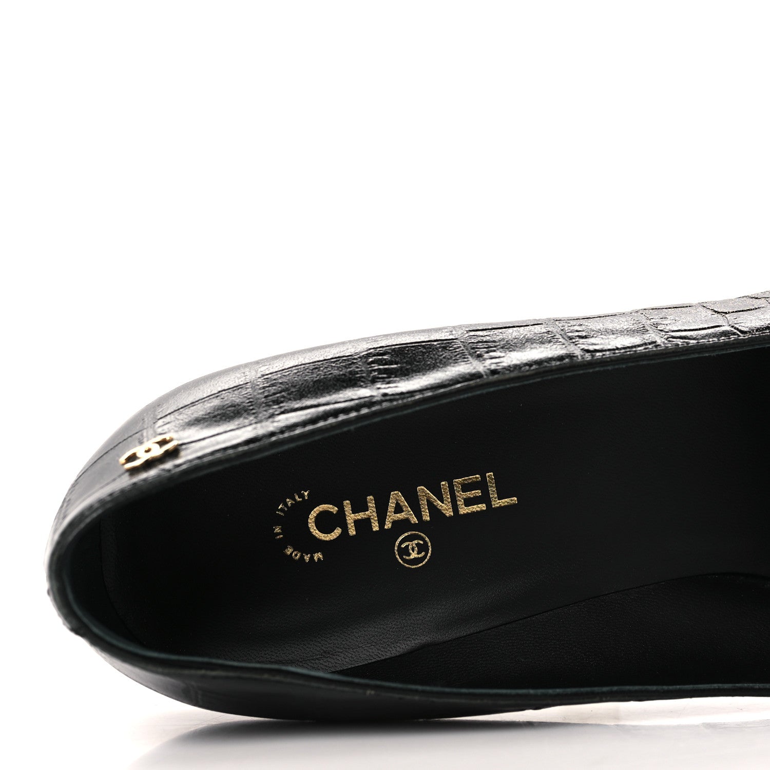 Chanel Crocodile Embossed Crumpled Patent Cap Toe Pumps 39 Black 8 of 10