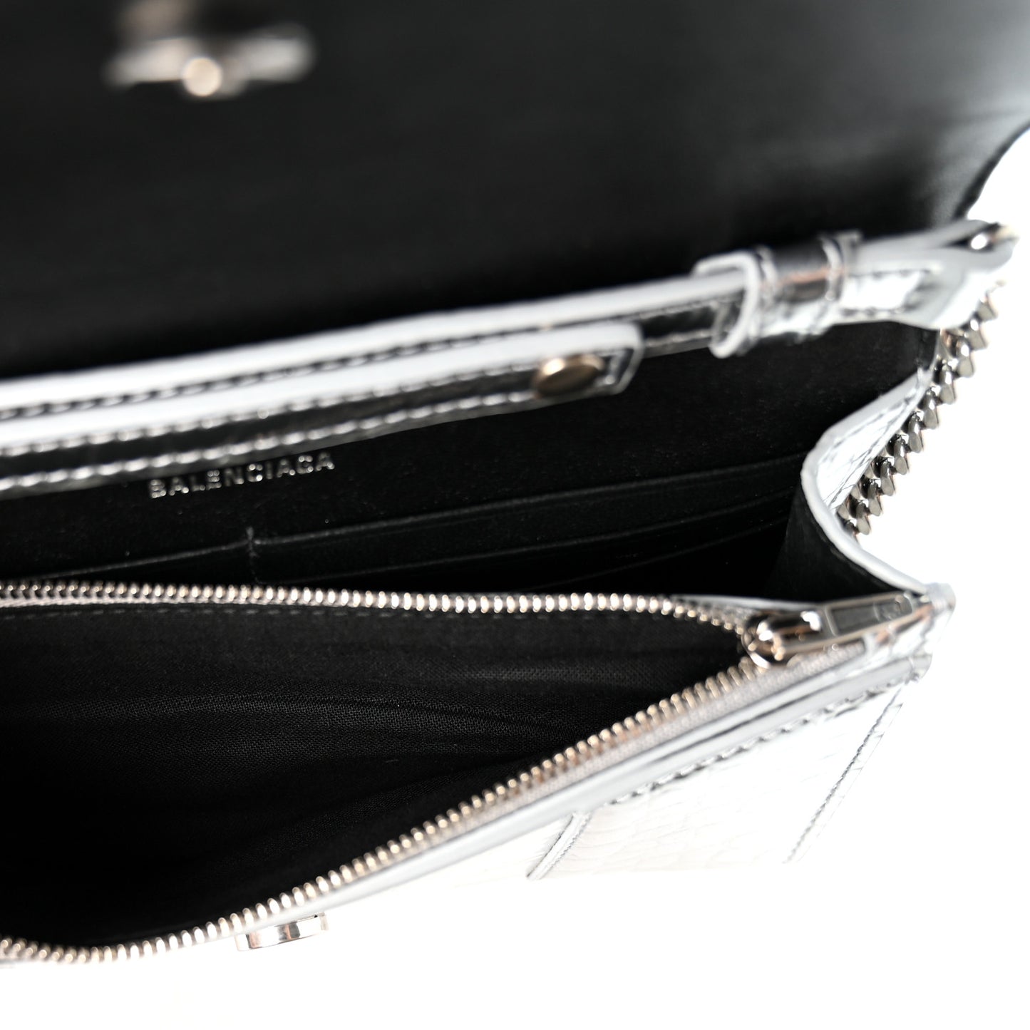 Metallic Calfskin Crocodile Embossed Hourglass Chain Bag Silver