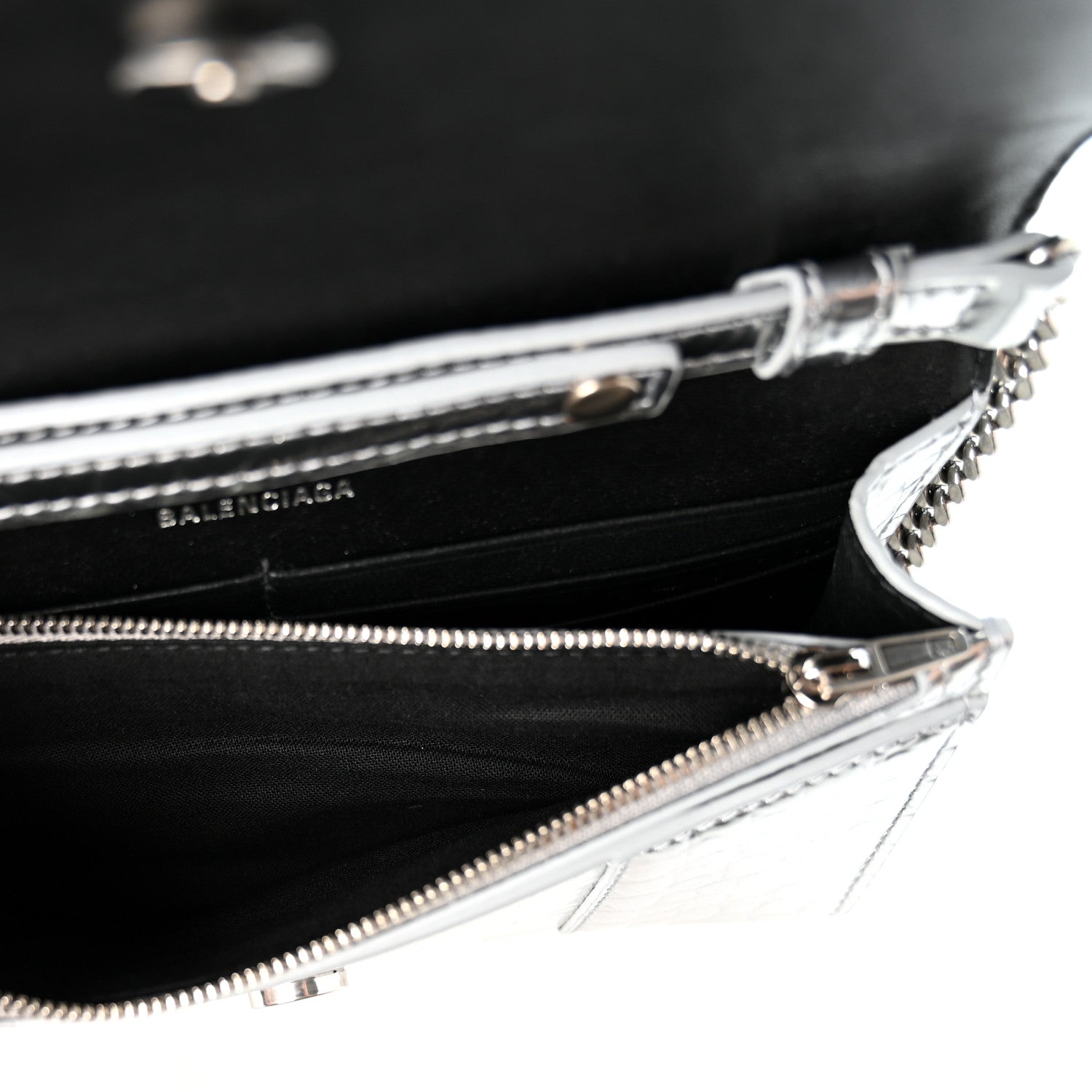 Balenciaga Metallic Calfskin Crocodile Embossed Hourglass Chain Bag Silver 6 of 10