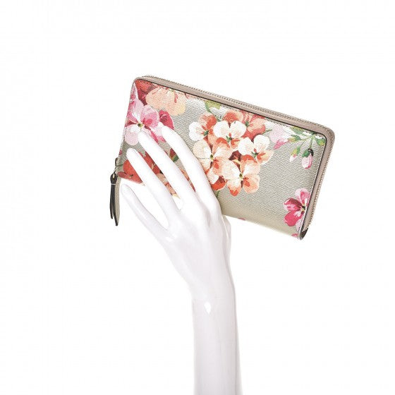 Metallic Shangai Calfskin Blooms Print Zip Around Wallet Gold Multicolor