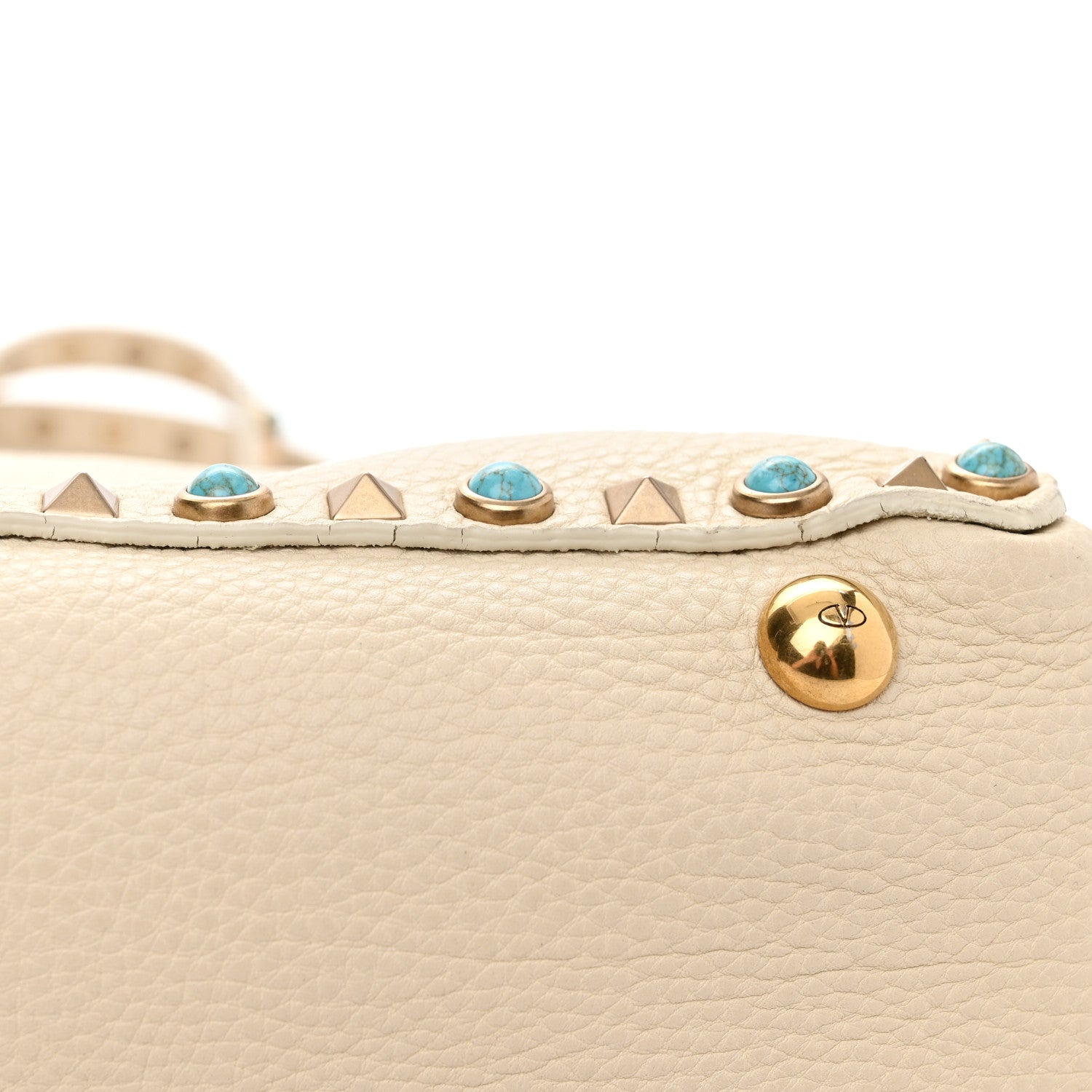 Valentino Garavani Grained Calfskin Turquoise Small Rockstud Rolling Tote Light Ivory 11 of 16