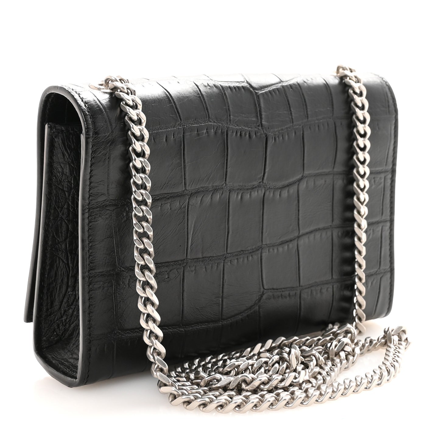 Calfskin Crocodile Embossed Small Classic Monogram Kate Tassel Satchel Black