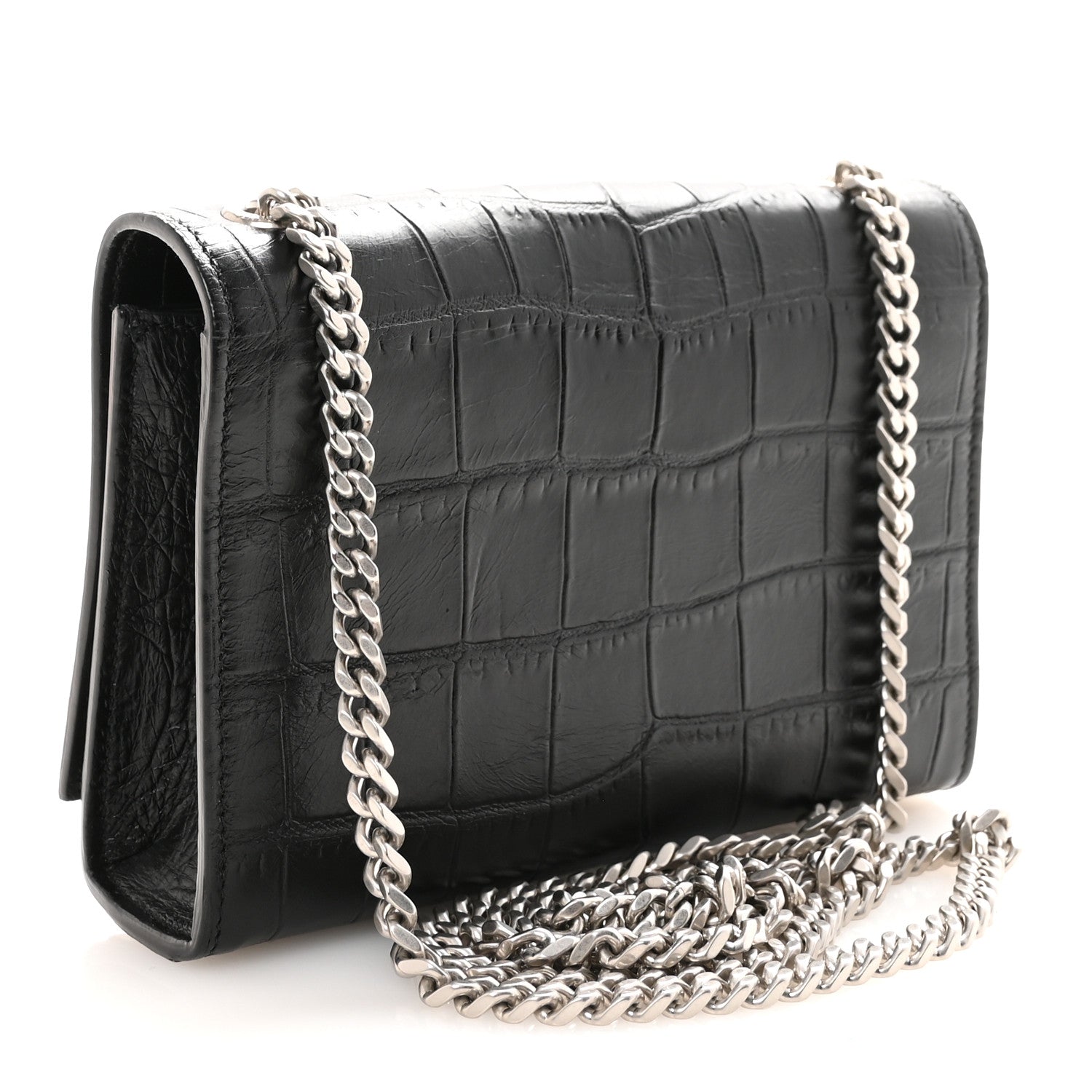 Saint Laurent Calfskin Crocodile Embossed Small Classic Monogram Kate Tassel Satchel Black 3 of 9