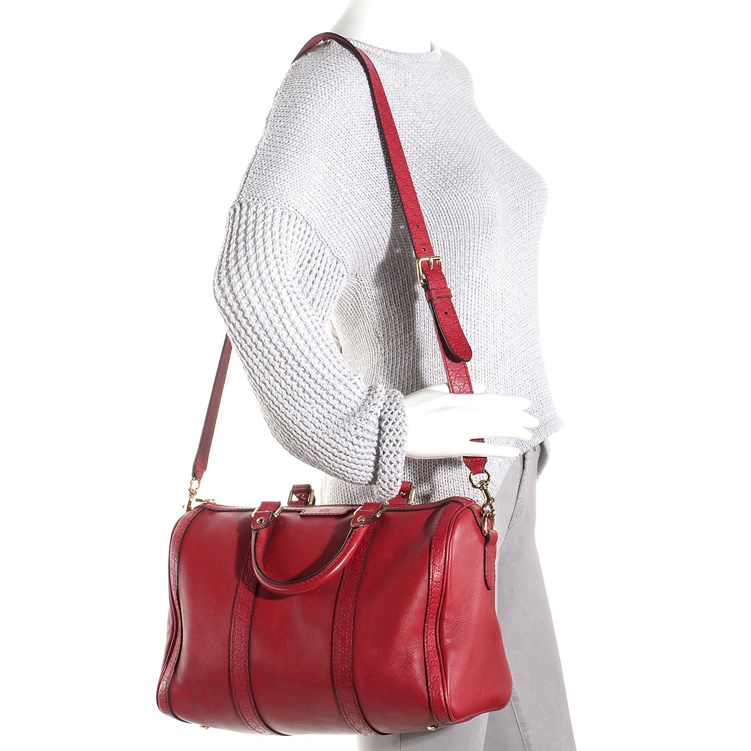 Gucci Calfskin Microguccissima Trim Medium Boston Raspberry Red 2 of 11
