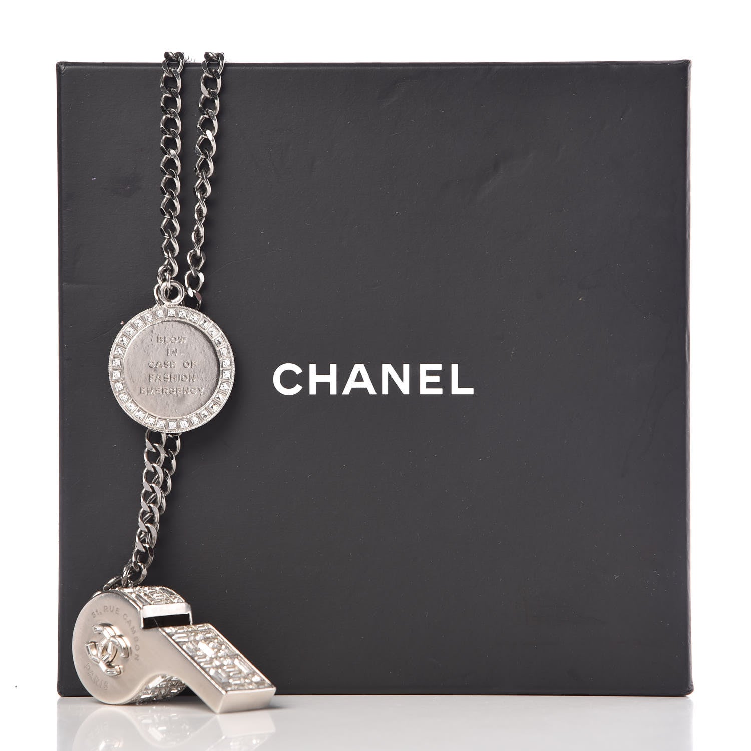 Chanel Crystal Baguette CC Whistle Pendant Necklace Silver 9 of 9