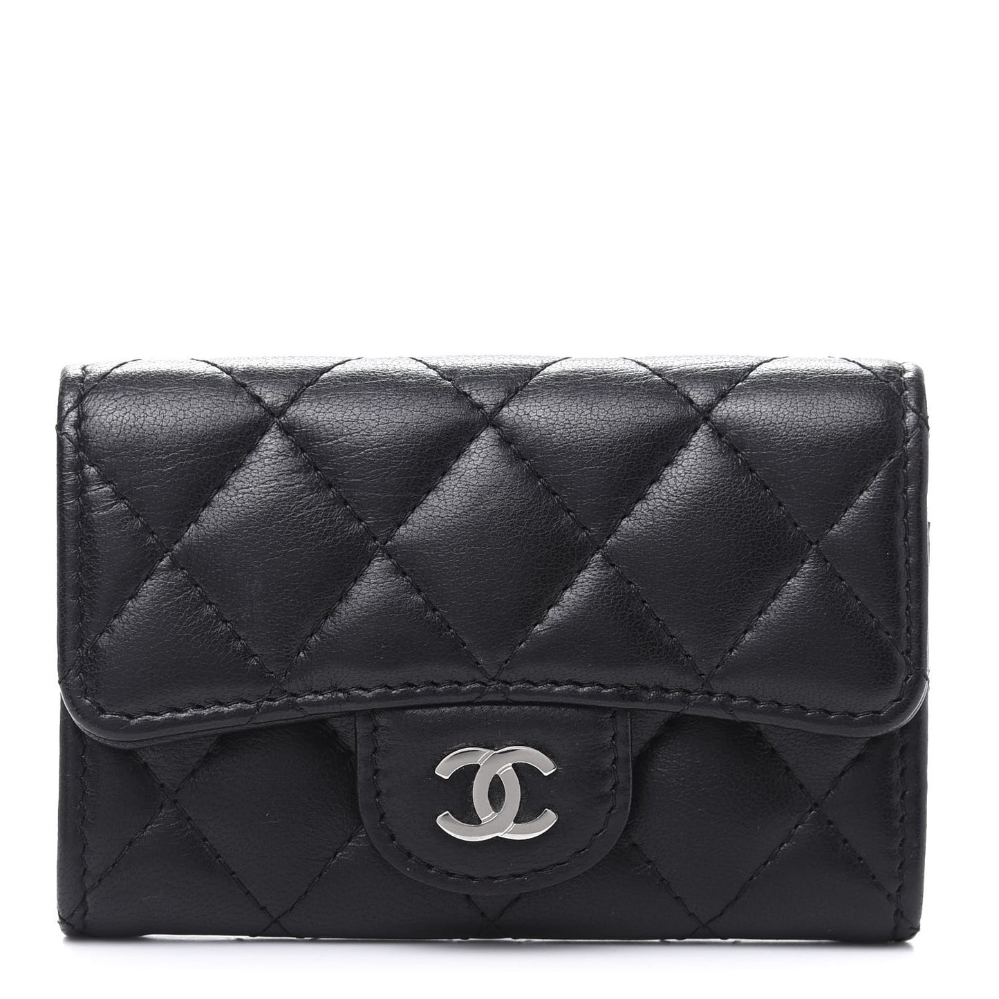 Lambskin Quilted Flap Card Holder Black