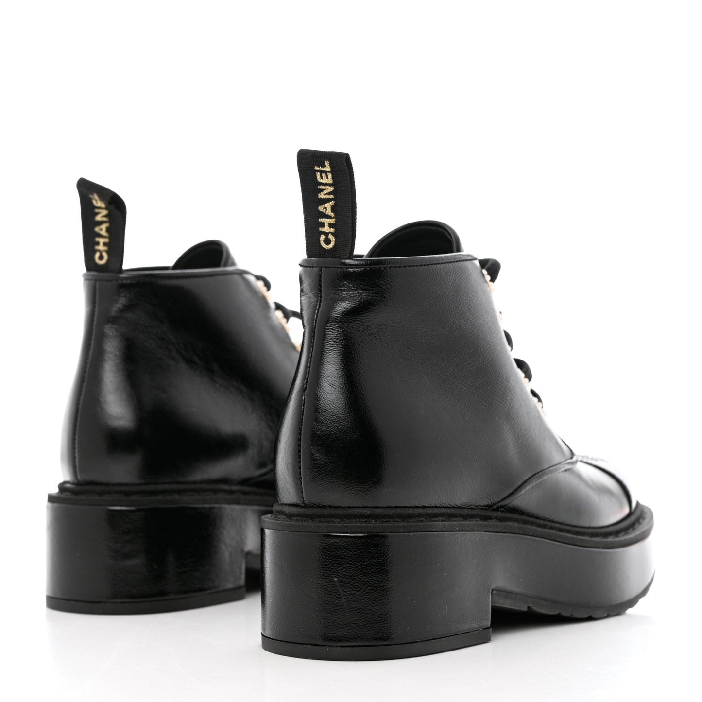 Shiny Calfskin Pearl Lace Up Combat Short Boots 36.5 Black