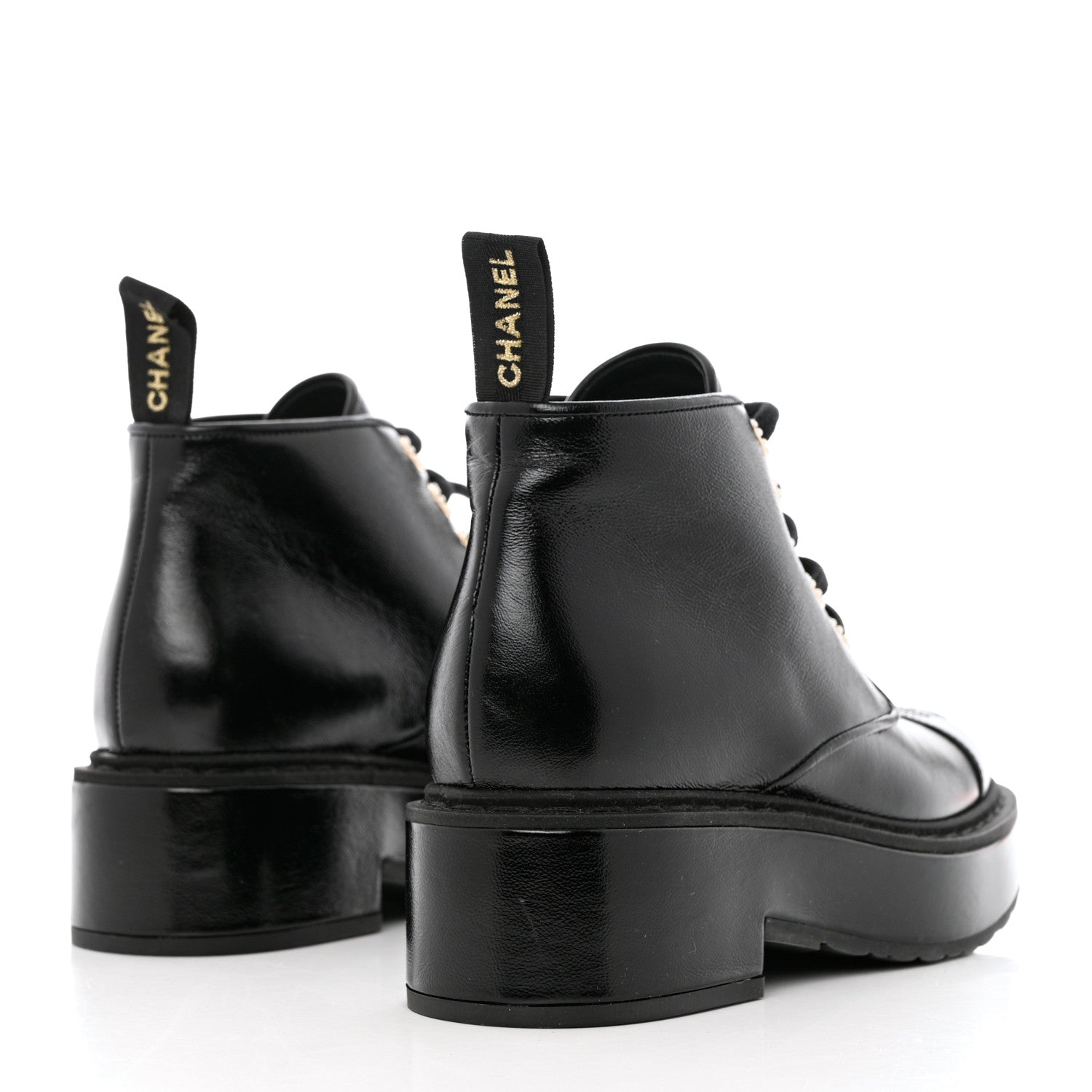 Chanel Shiny Calfskin Pearl Lace Up Combat Short Boots 36.5 Black 4 of 10