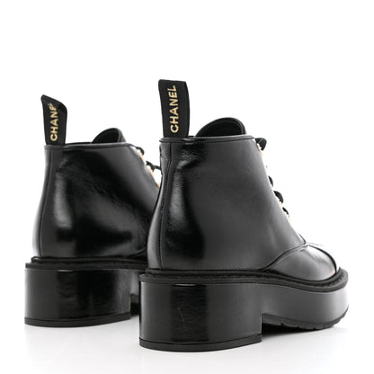 Chanel Shiny Calfskin Pearl Lace Up Combat Short Boots 36.5 Black 4 of 10