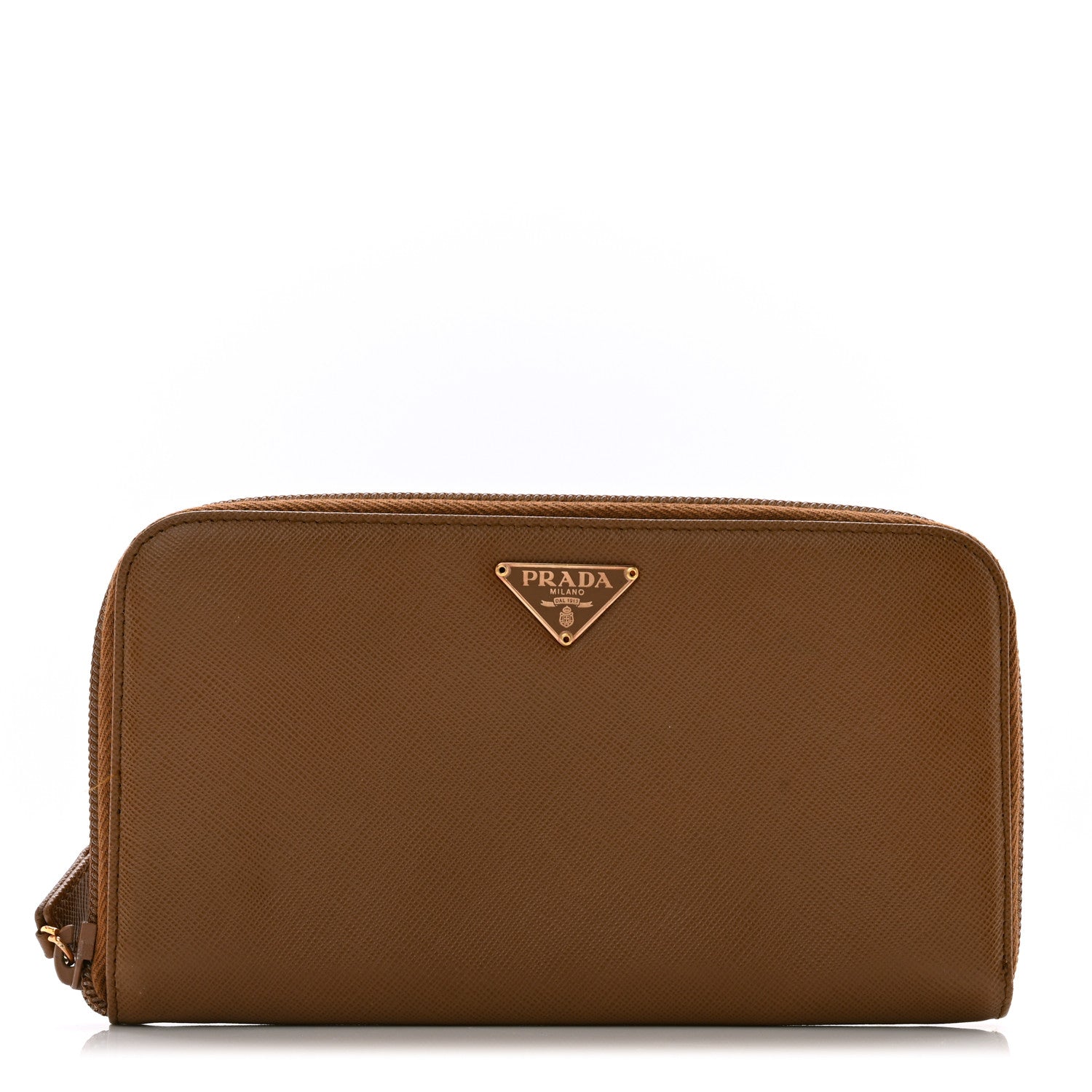 Prada Saffiano Triangle Zip Around Wallet Caramel 1 of 9