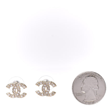 Chanel Metal Graduated Pearl Crystal CC Earrings Light Gold 2 of 5