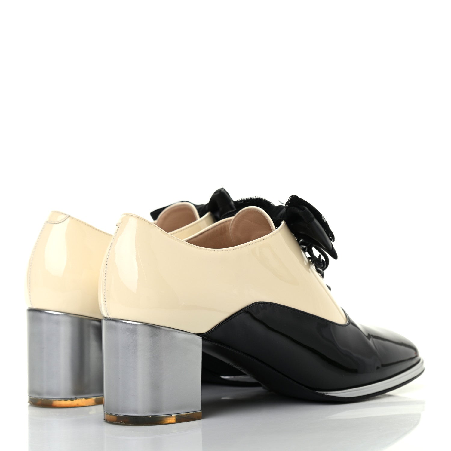 Chanel Patent Calfskin CC Bow Lace Up Oxford Pumps 37.5 Beige Black 4 of 8