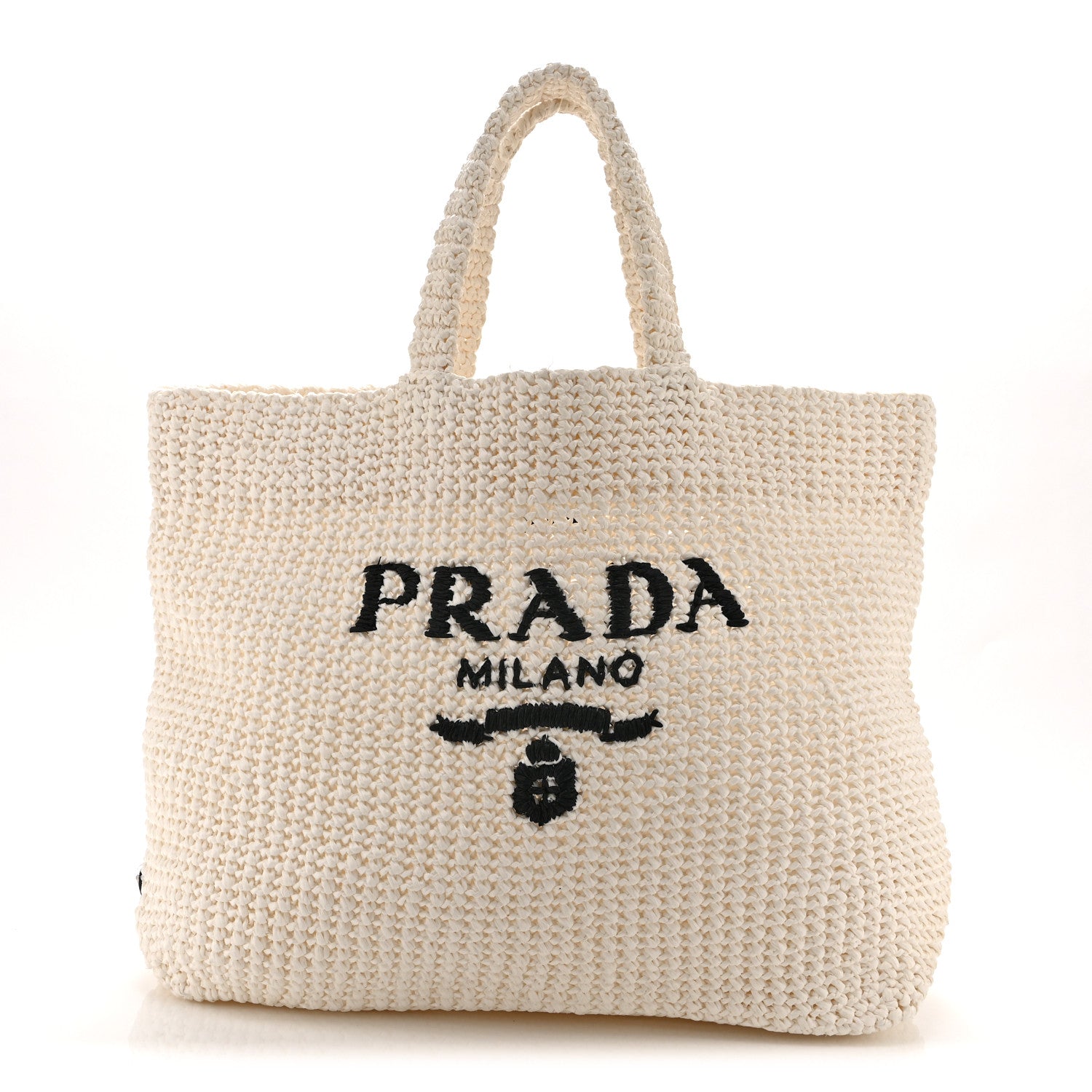 Prada Yarn Raffia Effect Crochet Embroidered Large Logo Tote White 1 of 10