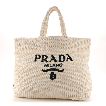 Prada Yarn Raffia Effect Crochet Embroidered Large Logo Tote White 1 of 10