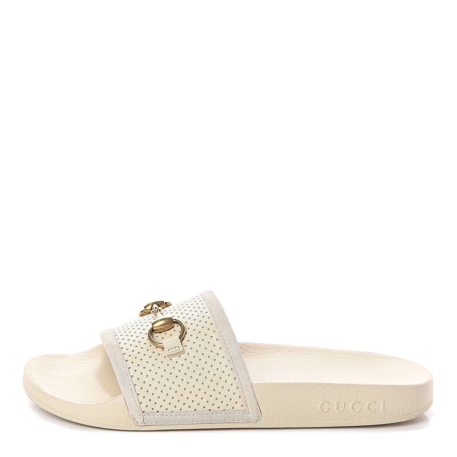 Gucci Suede Perforated Horsebit Slide Sandals 36 Ivory 1 of 6