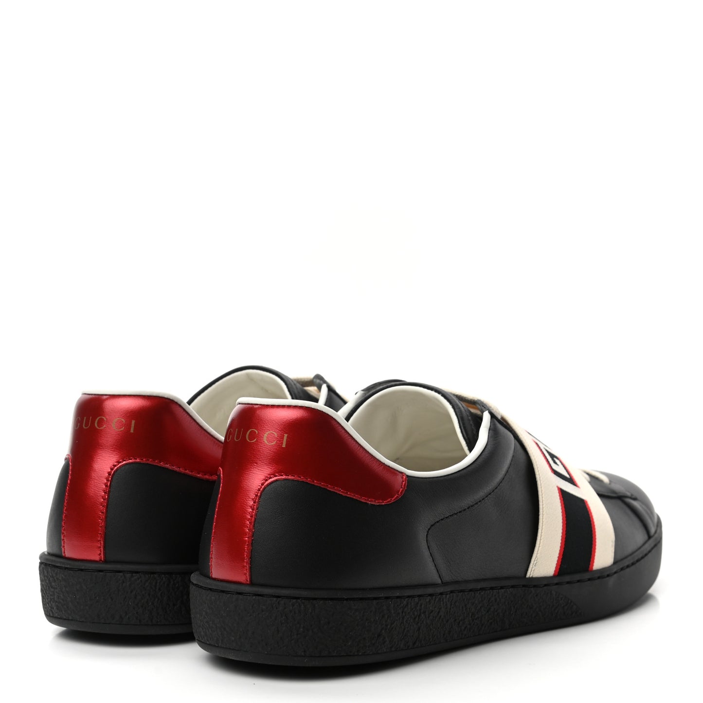 Calfskin Stripe Mens New Ace Sneakers 10 Black Ecru Red Flame