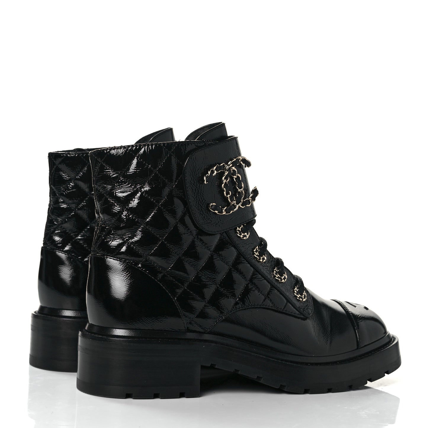 Shiny Calfskin Quilted Lace Up Combat Boots 38.5 Black