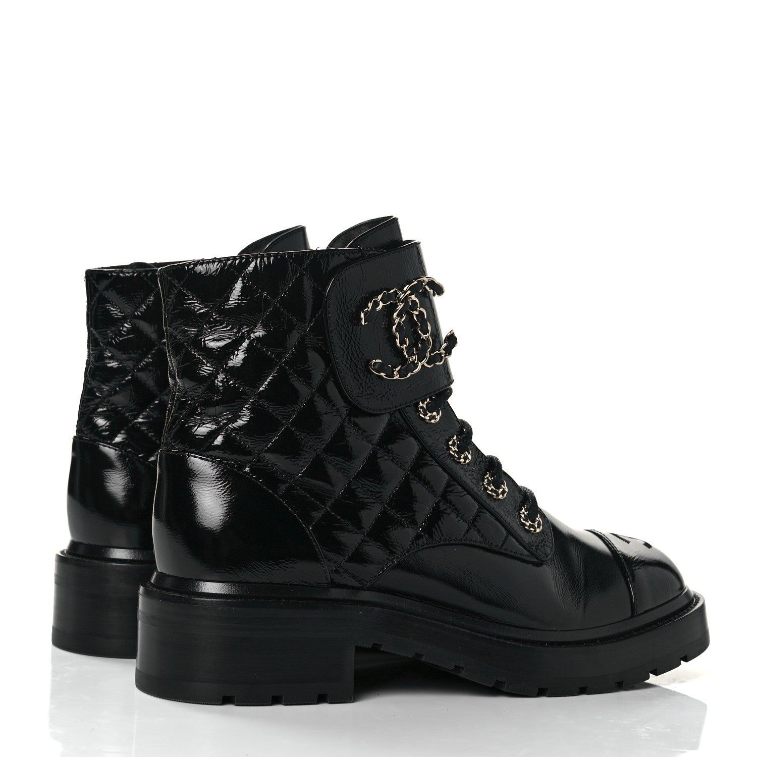 Chanel Shiny Calfskin Quilted Lace Up Combat Boots 38.5 Black 4 of 9