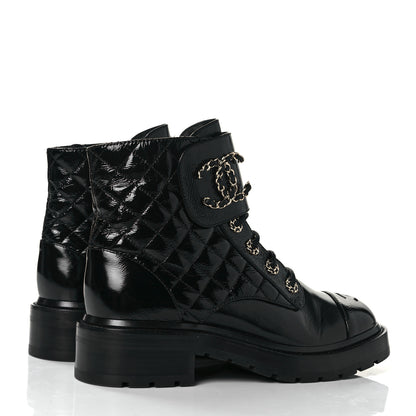 Chanel Shiny Calfskin Quilted Lace Up Combat Boots 38.5 Black 4 of 9