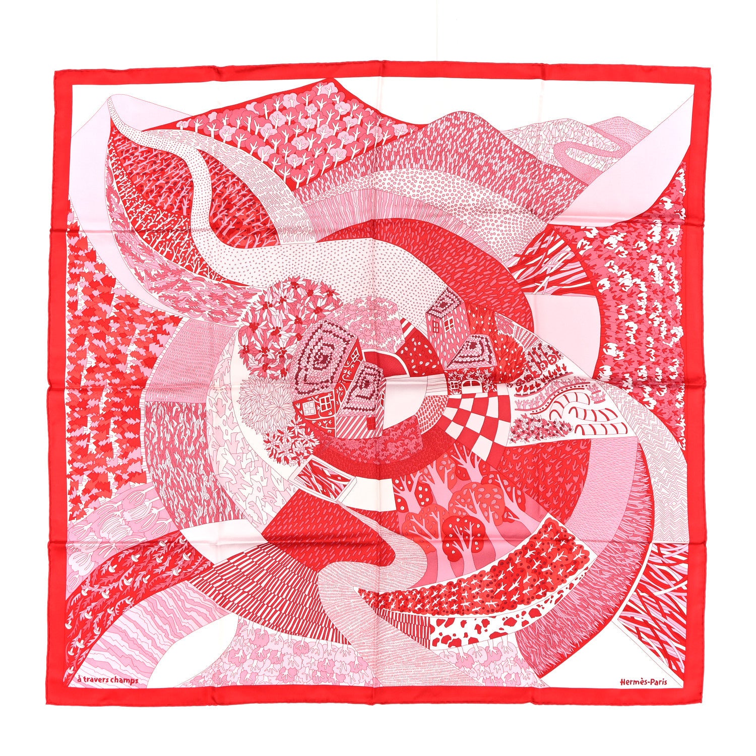 Hermes Silk A Travers Champs Scarf 90 Rouge Rose Multicolor 1 of 5