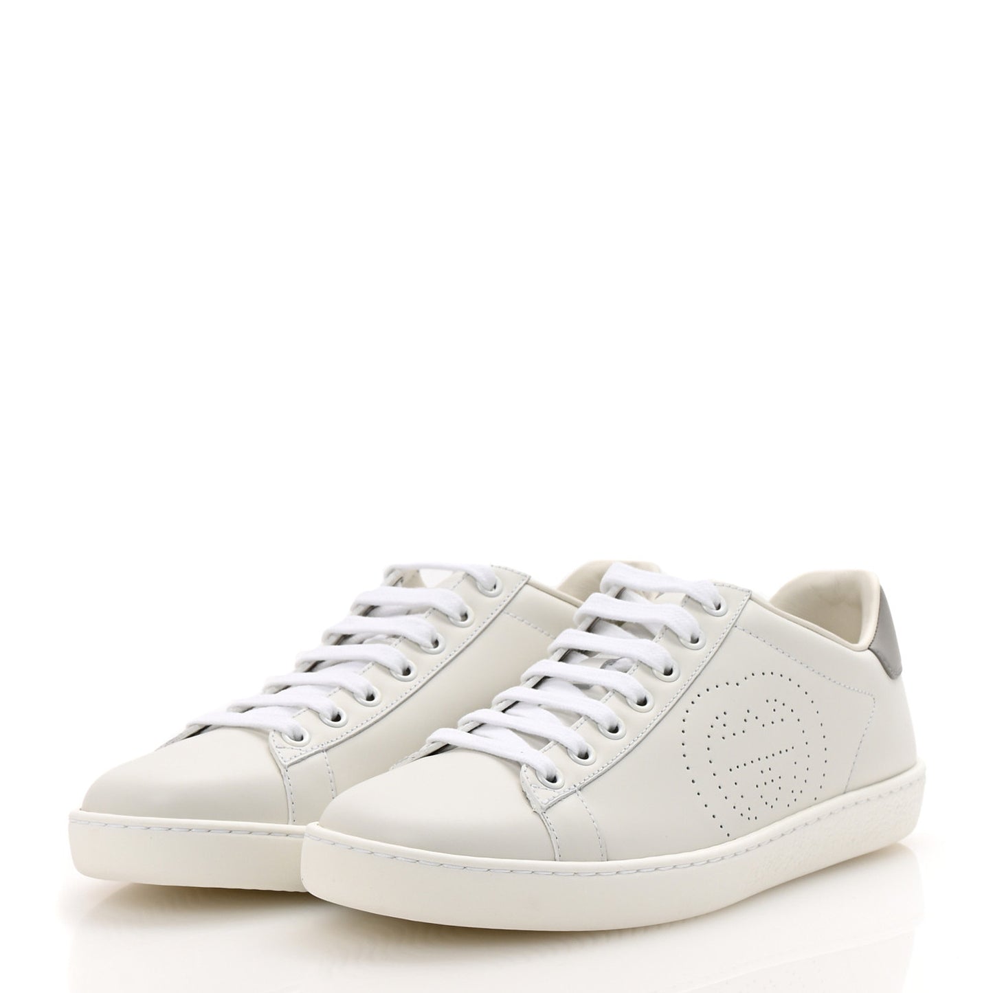 Calfskin Interlocking G Perforated Womens Ace Sneakers 37.5 White Grey Sky