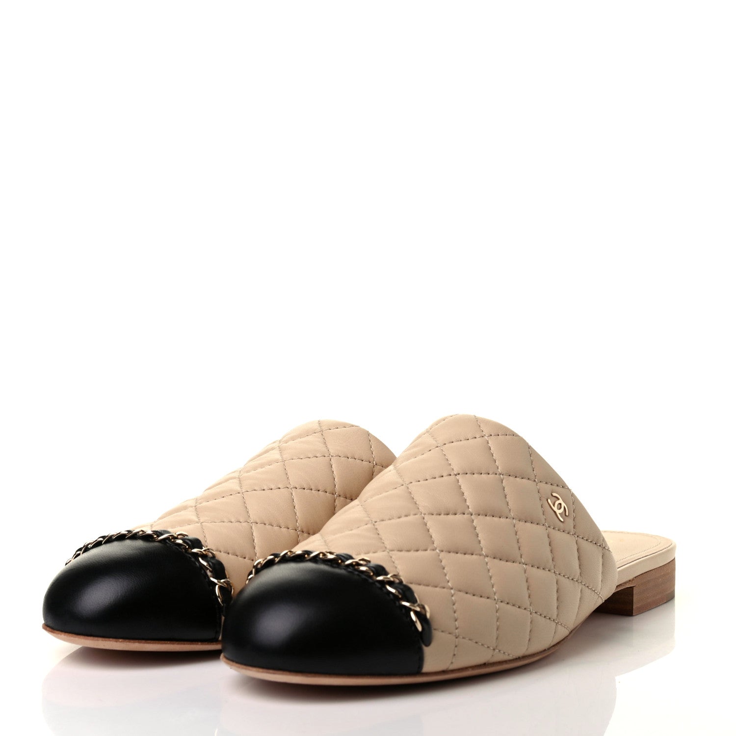 Chanel Lambskin Quilted Chain Mules 40 Beige Black 3 of 11