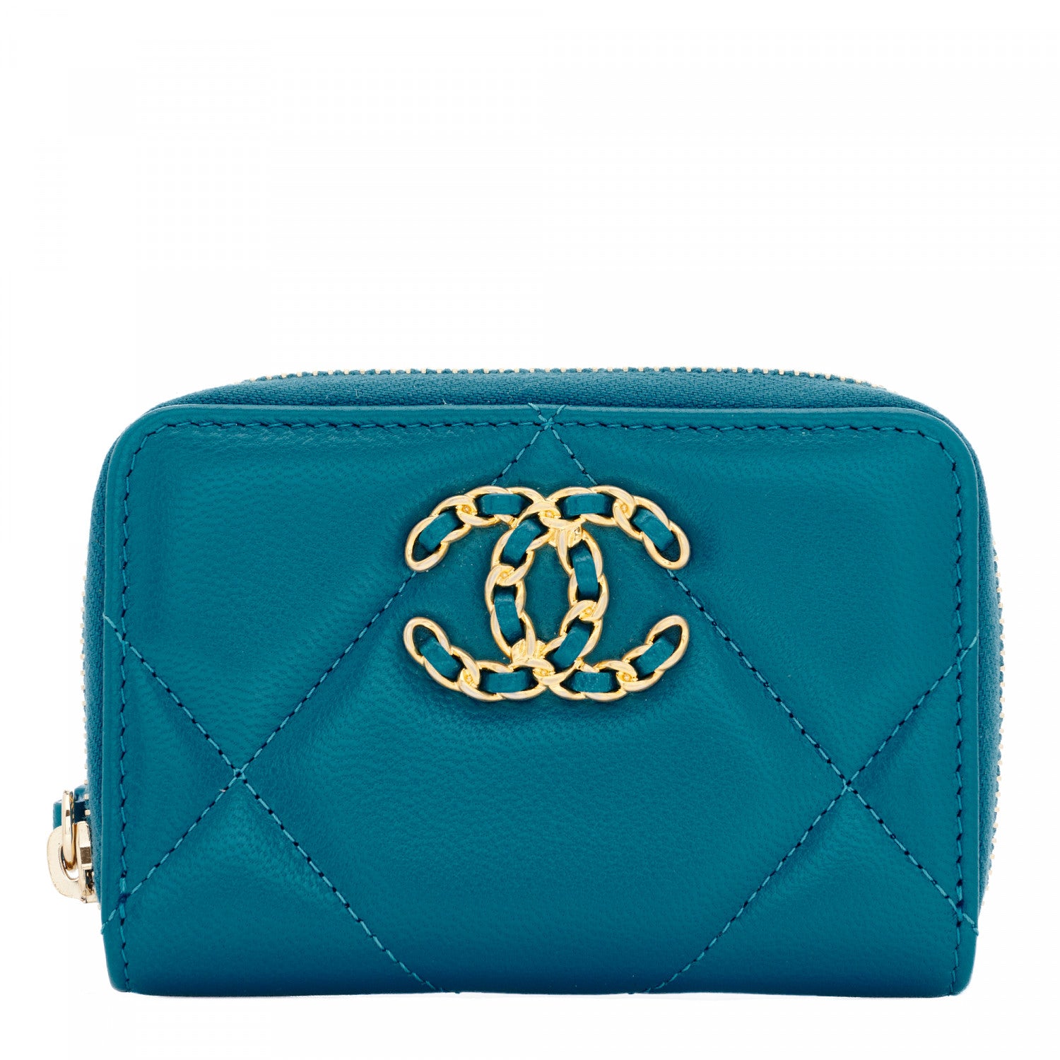 Chanel Lambskin Quilted Chanel 19 Zip Around Coin Purse Wallet Turquoise 1 of 9