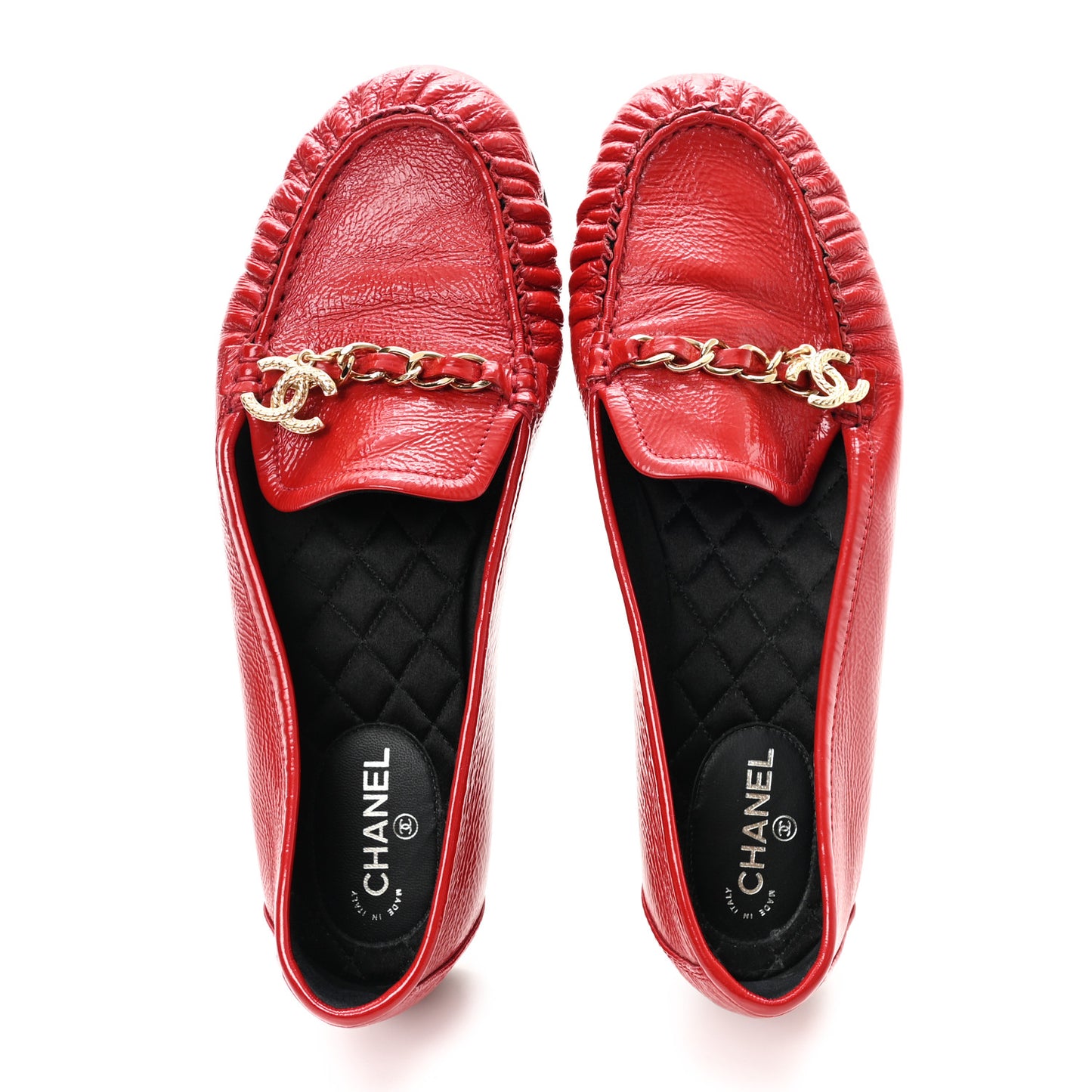 Crackled Patent Calfskin CC Chain Moccasin Loafers 39 Red