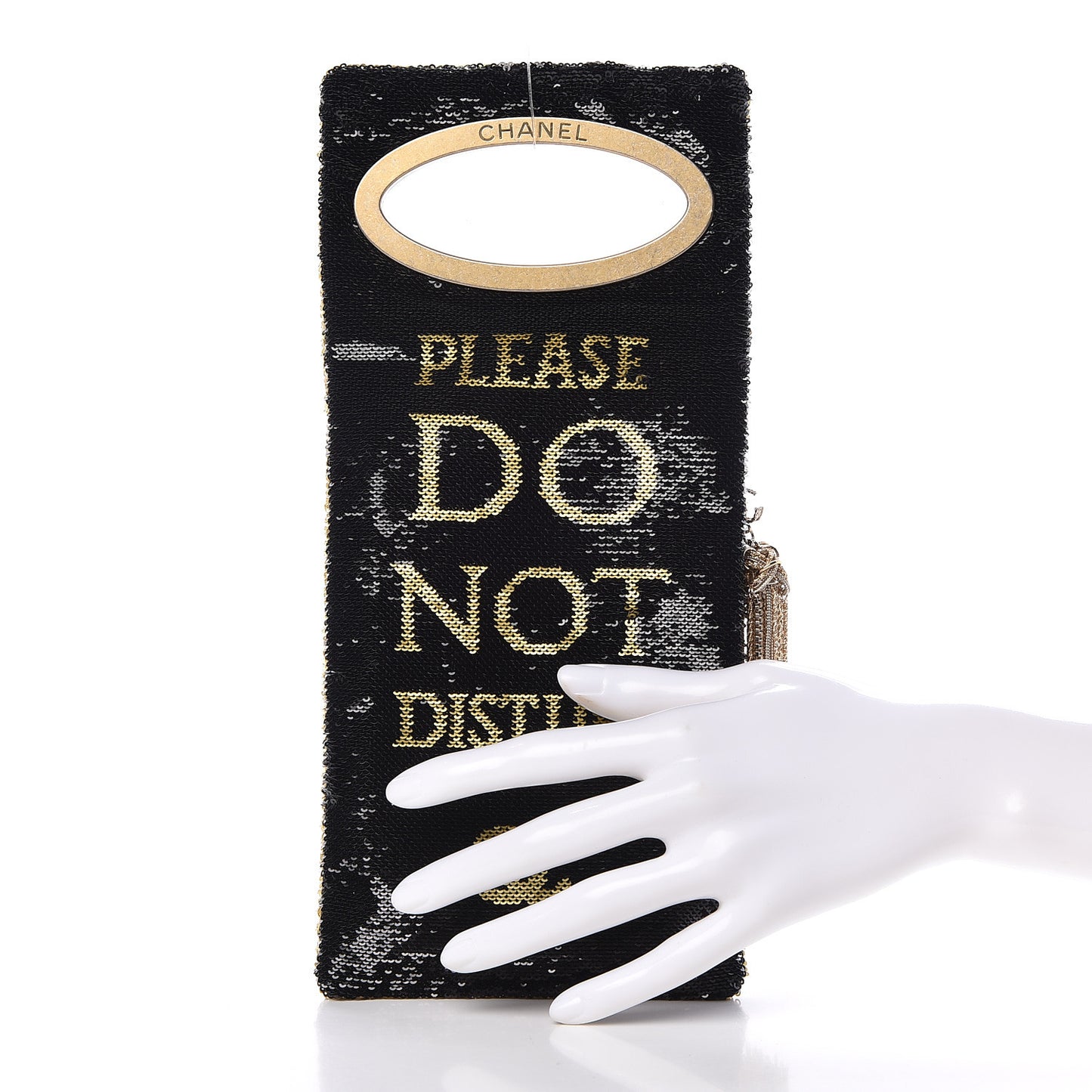 Sequin Do Not Disturb Minaudiere Clutch Black Gold