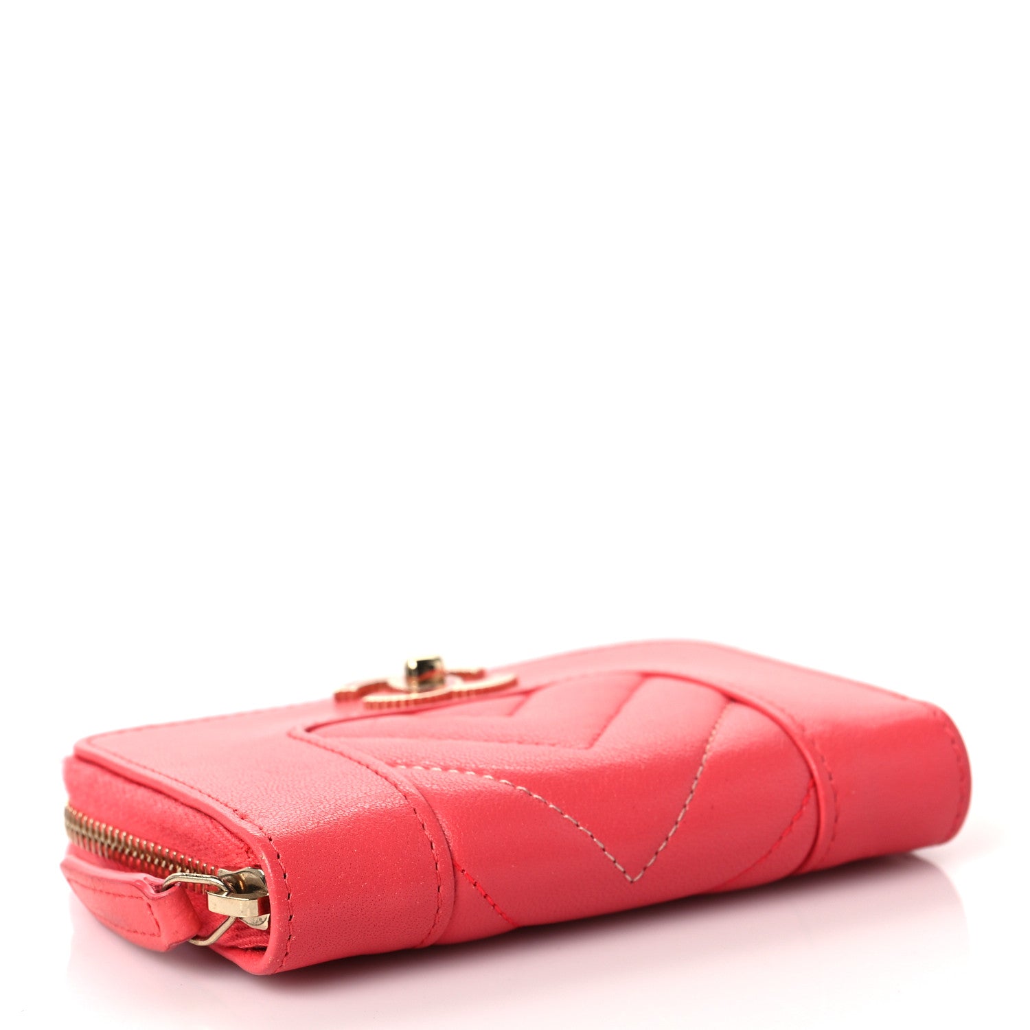 Chanel Sheepskin Chevron Quilted Mademoiselle Vintage Zip Coin Purse Pink 4 of 10