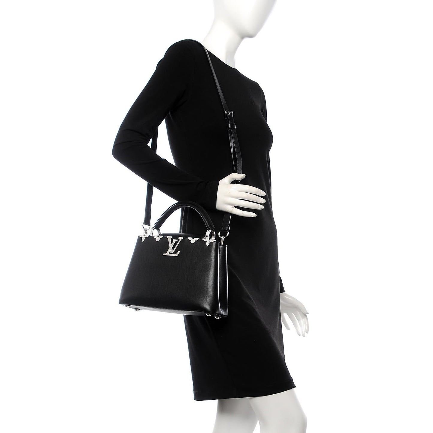 Smooth Calfskin Crystal Flowers Capucines BB Black