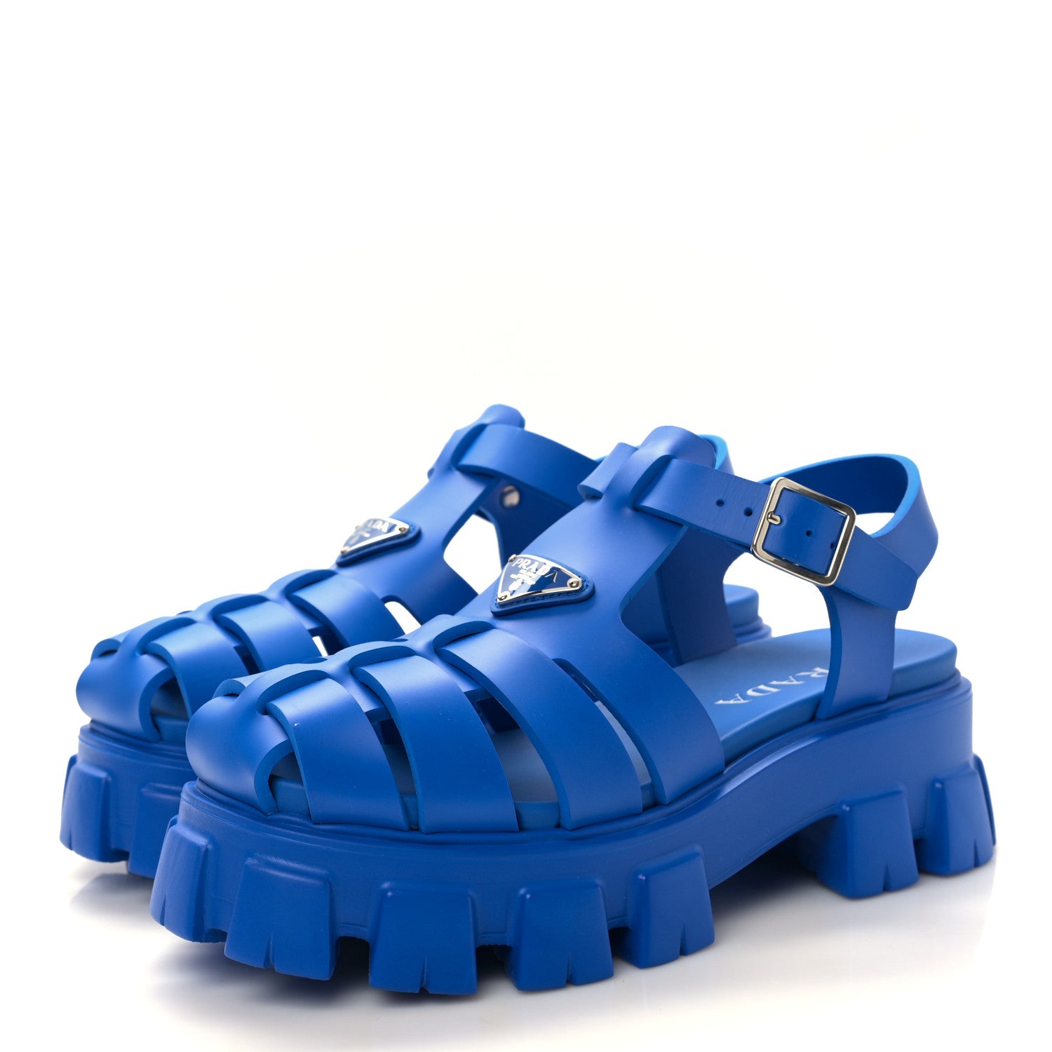 Prada Foam Rubber Metal Triangle Logo Mens Monolith 55mm Cage Sandals 7 Azzurro 3 of 8