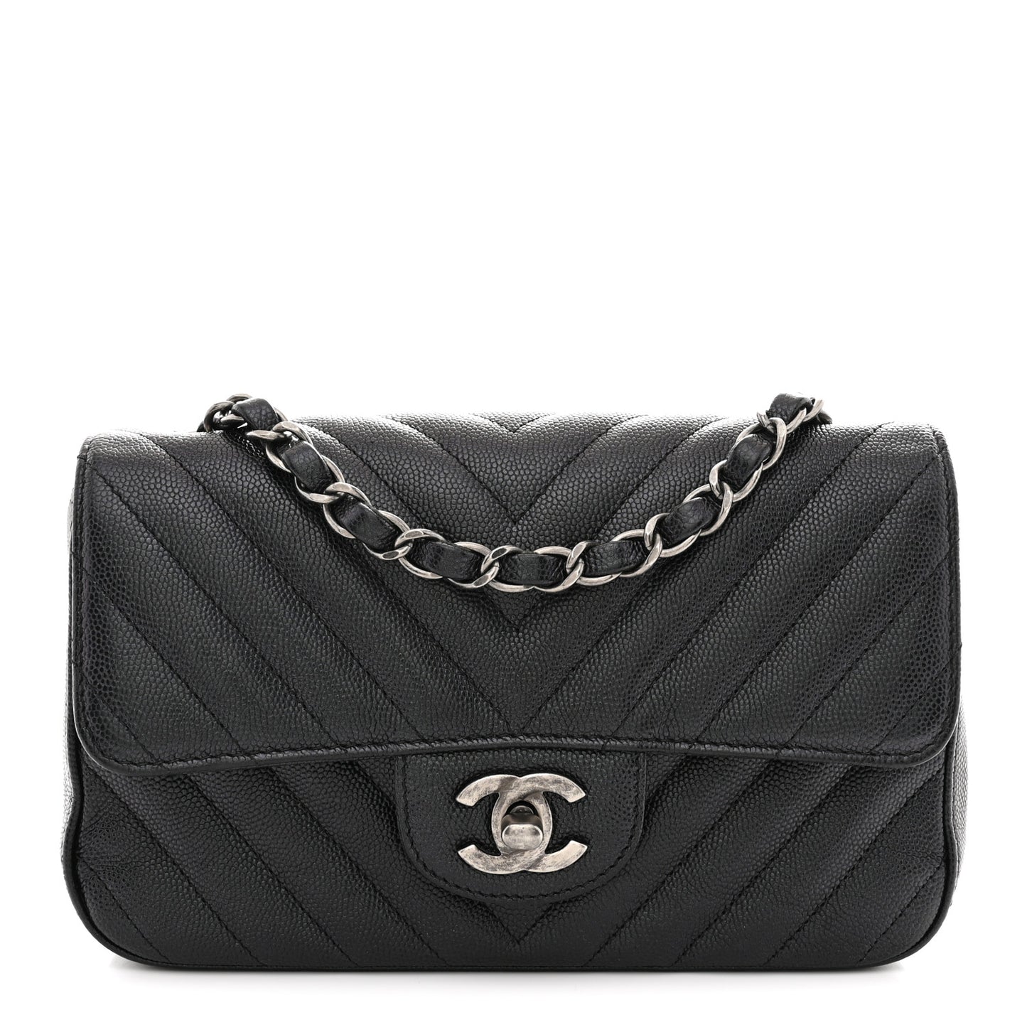 Iridescent Caviar Chevron Quilted Mini Rectangular Flap Black