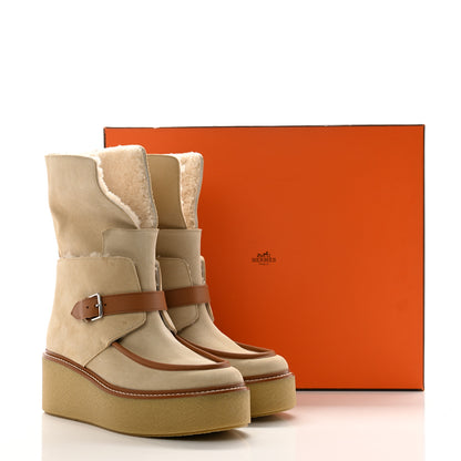 Hermes Suede Shearling Womens Hemisphere Ankle Boots 39 Beige Palomino 8 of 8