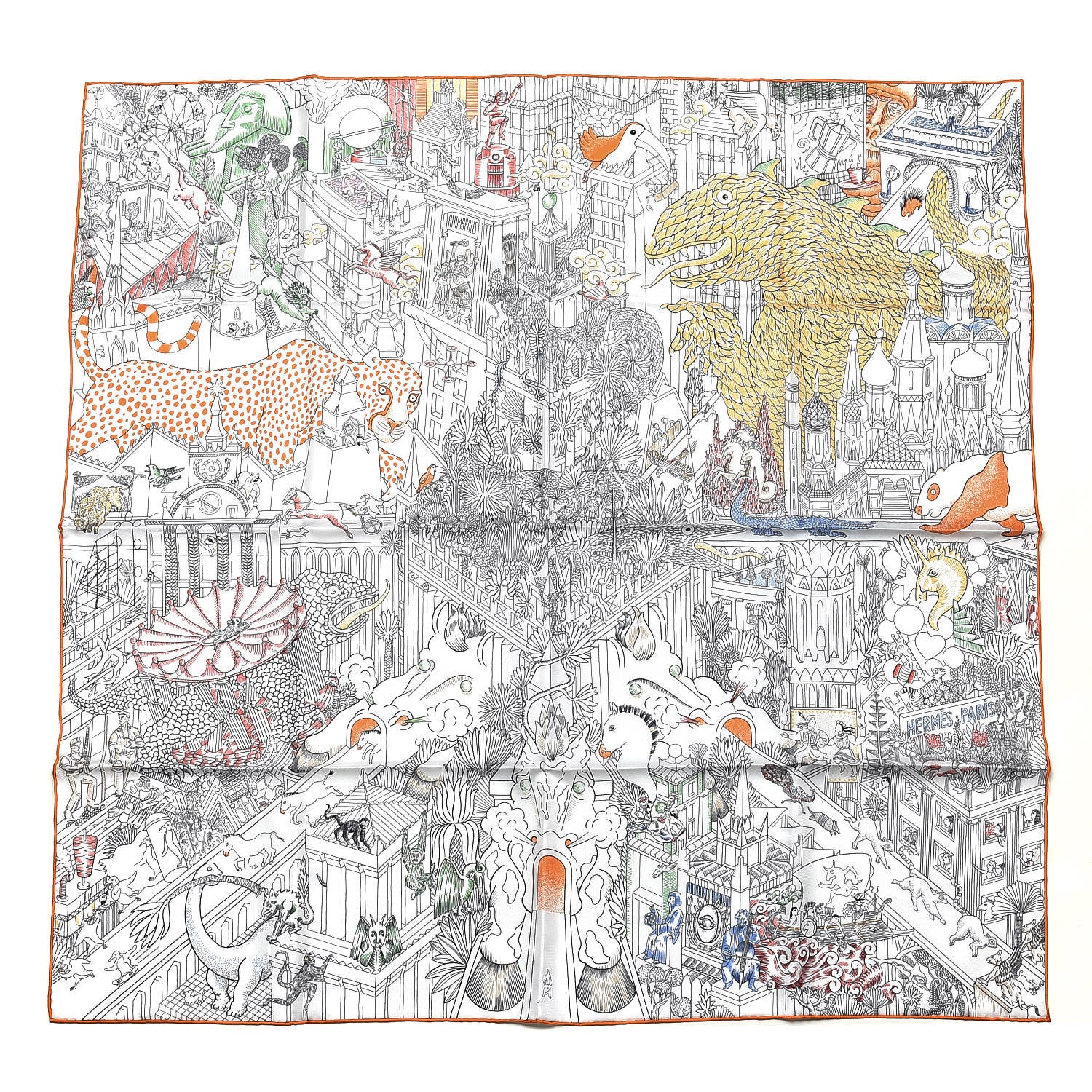 Hermes Silk Animapolis Scarf 90 White Jaune Vert 1 of 7