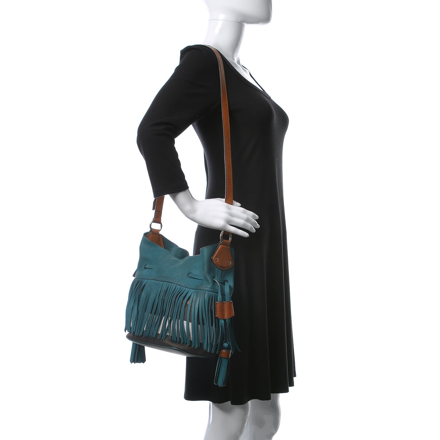 Burberry Suede Fringe Small Belgrove Bucket Bag Dark Teal 2 of 11