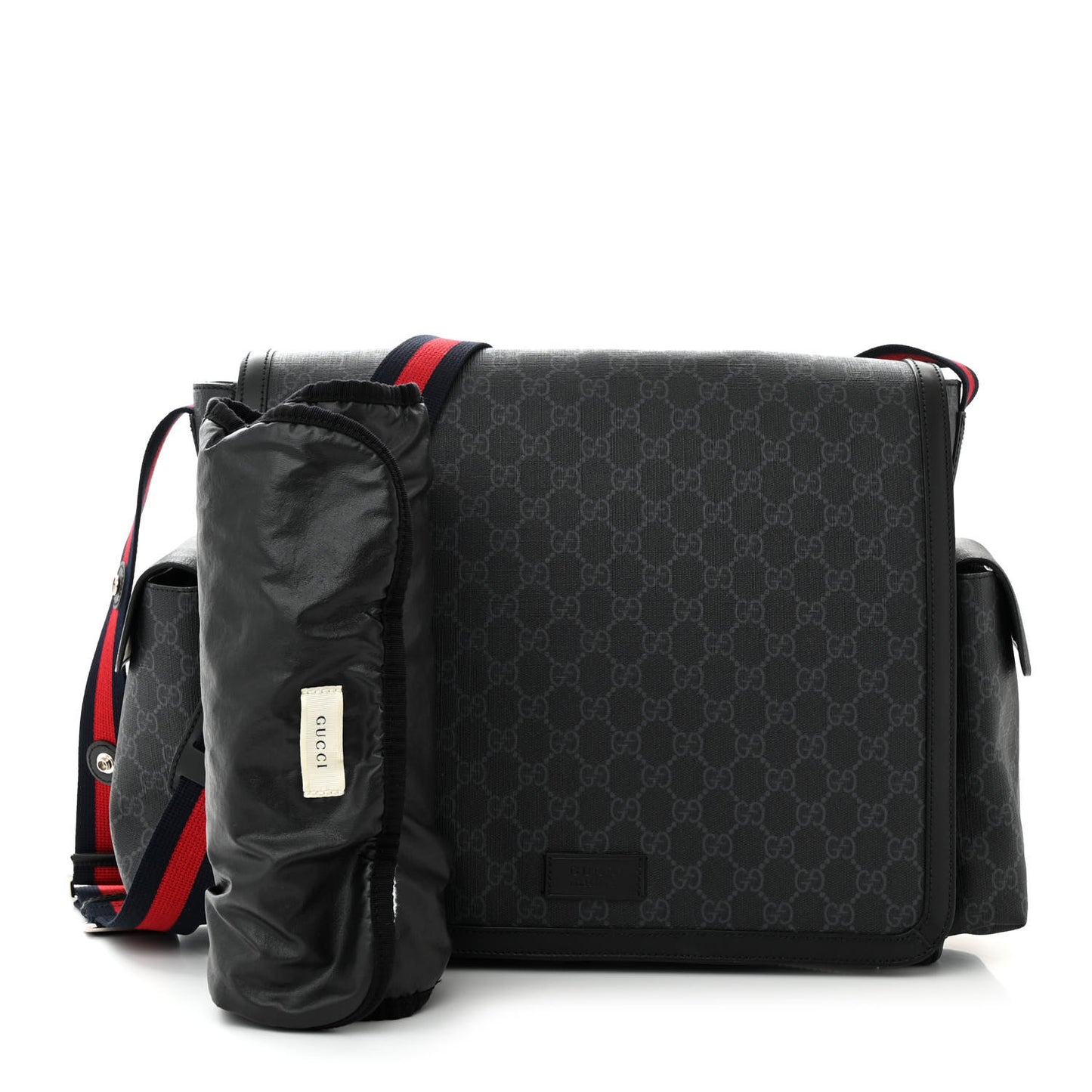 GG Supreme Monogram Web Messenger Diaper Bag Black Grey
