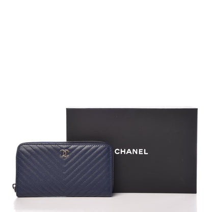 Chanel Caviar Chevron Quilted Small Zip Around Wallet Blue 9 of 9