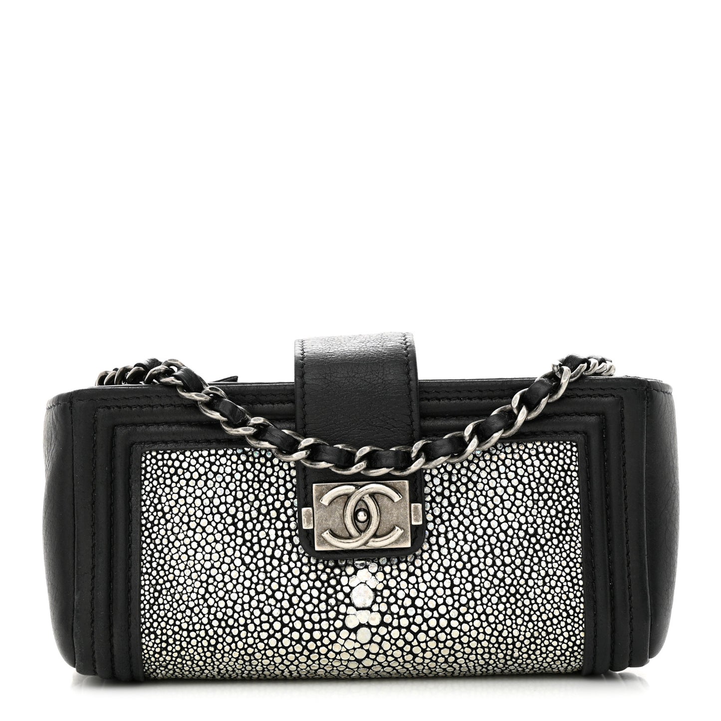 Metallic Galuchat Stingray Lambskin Mini Clutch With Removable Chain Black