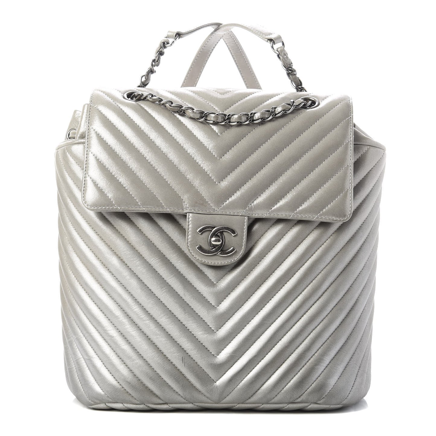 Metallic Iridescent Calfskin Chevron Quilted Small Urban Spirit Backpack Silver