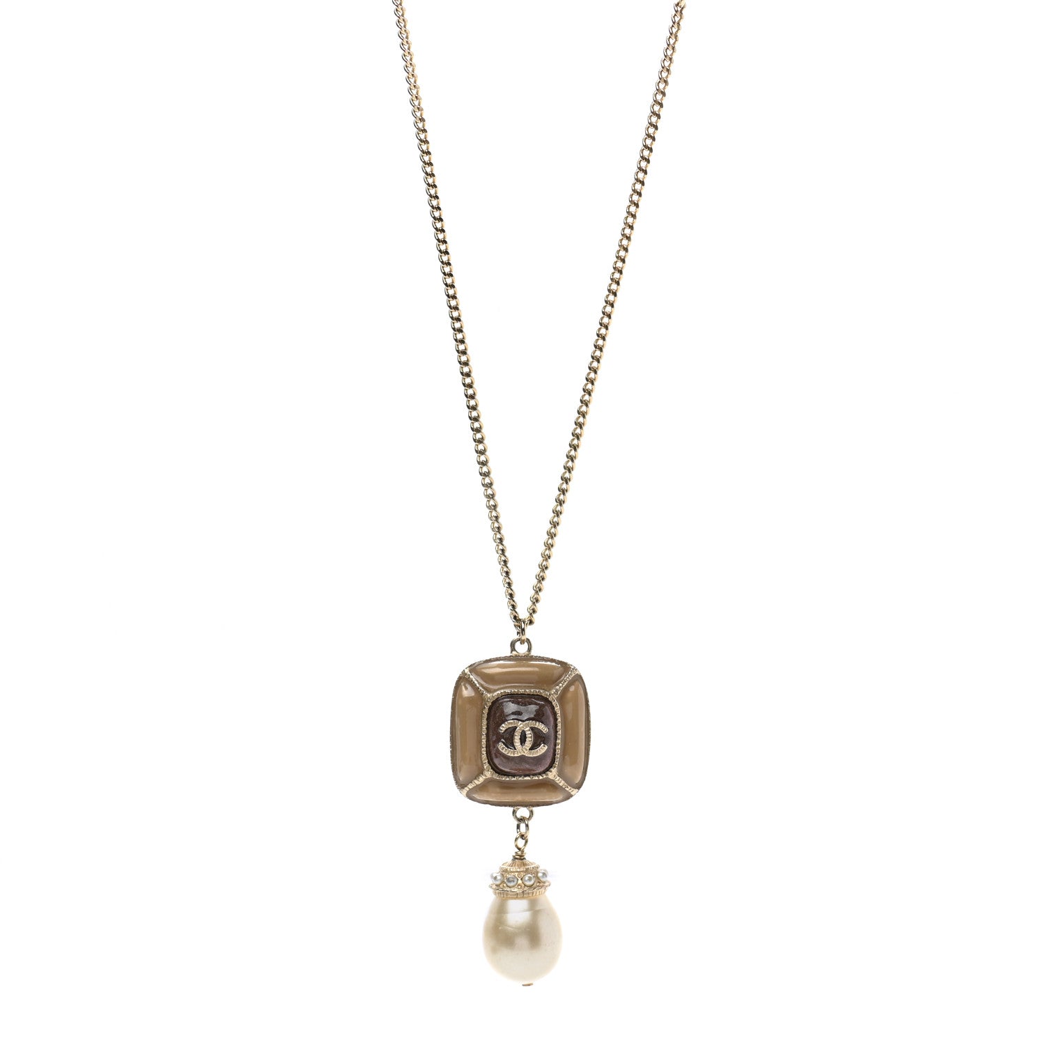 Chanel Enamel Pearl CC Pendant Necklace Light Gold 1 of 5