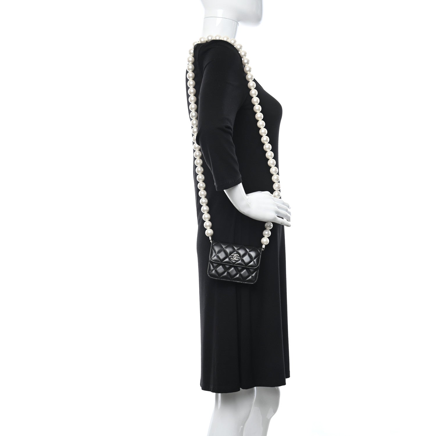 Chanel Calfskin Quilted Maxi Pearls Card Holder Flap With Chain Black 2 of 10