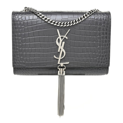 Saint Laurent Calfskin Crocodile Embossed Medium Classic Monogram Kate Tassel Satchel Dark Grey 1 of 11